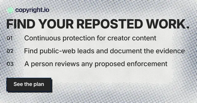 Social ad for copyright.io: "Find your reposted work." Brutalist style, numbered layout, light palette in grey, white.