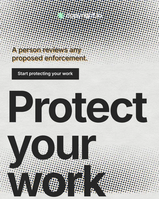 Instagram portrait post for copyright.io: "Protect your work." Swiss style, oversized layout, light palette in grey, white.