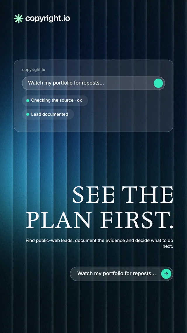 Instagram story for copyright.io: "See the plan first." Agentic glass style, right layout, dark palette in blue, black.