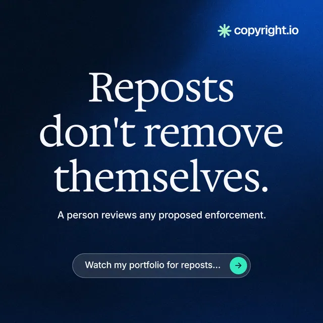 Instagram post for copyright.io: "Reposts don't remove themselves." Agentic glass style, centred layout, dark palette in blue, black.