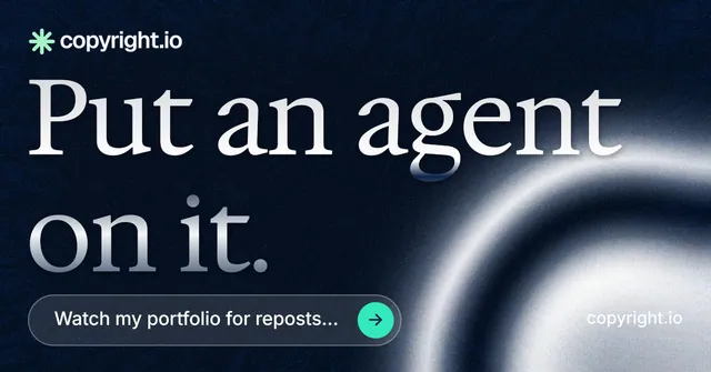 Social ad for copyright.io: "Put an agent on it." Agentic glass style, poster layout, dark palette in black, grey, blue.