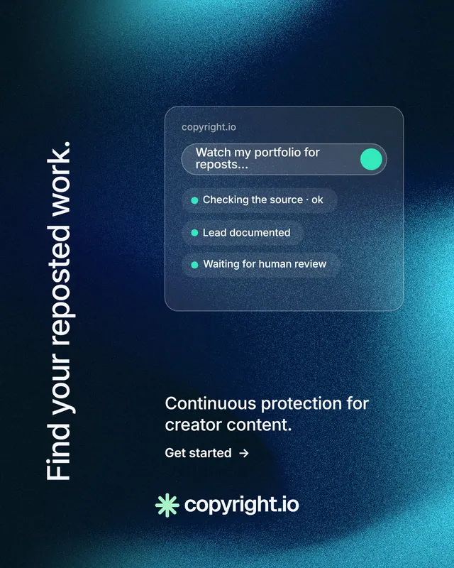 Instagram portrait post for copyright.io: "Find your reposted work." Minimal luxury style, vertical layout, dark palette in black, blue, teal.