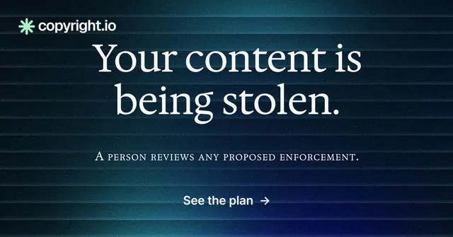 Social ad for copyright.io: "Your content is being stolen." Minimal luxury style, smallcaps layout, dark palette in blue, black.