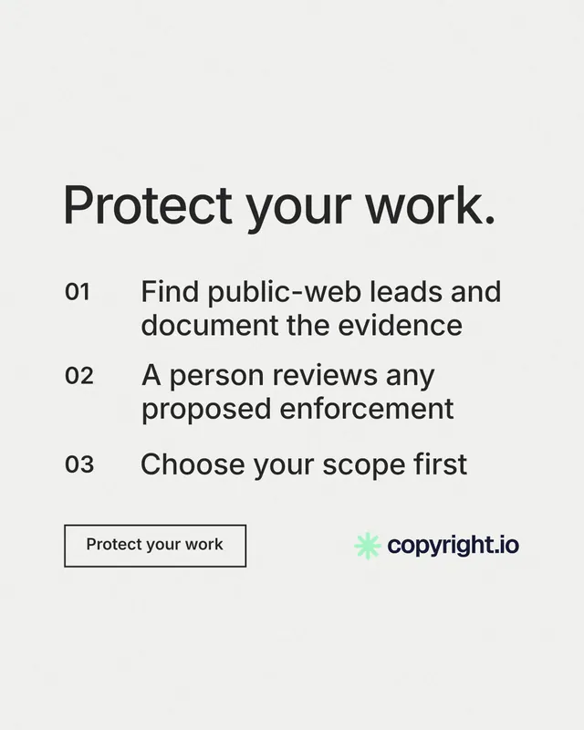 Instagram portrait post for copyright.io: "Protect your work." Editorial style, numbered layout, light palette in white.