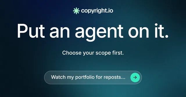 Social ad for copyright.io: "Put an agent on it." Agentic glass style, centred layout, dark palette in blue, black, teal.