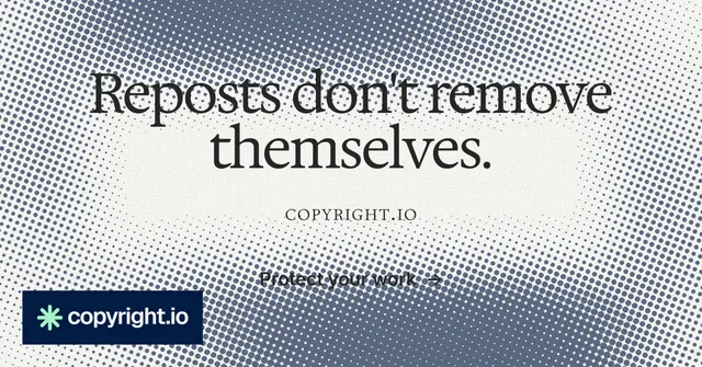 Social ad for copyright.io: "Reposts don't remove themselves." Swiss style, smallcaps layout, light palette in white, grey.