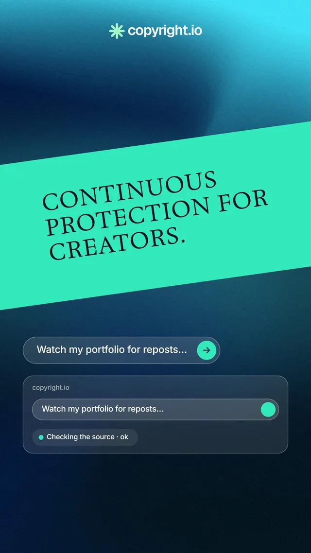 Instagram story for copyright.io: "Continuous protection for creators." Agentic glass style, diagonal layout, dark palette in teal, black, blue.