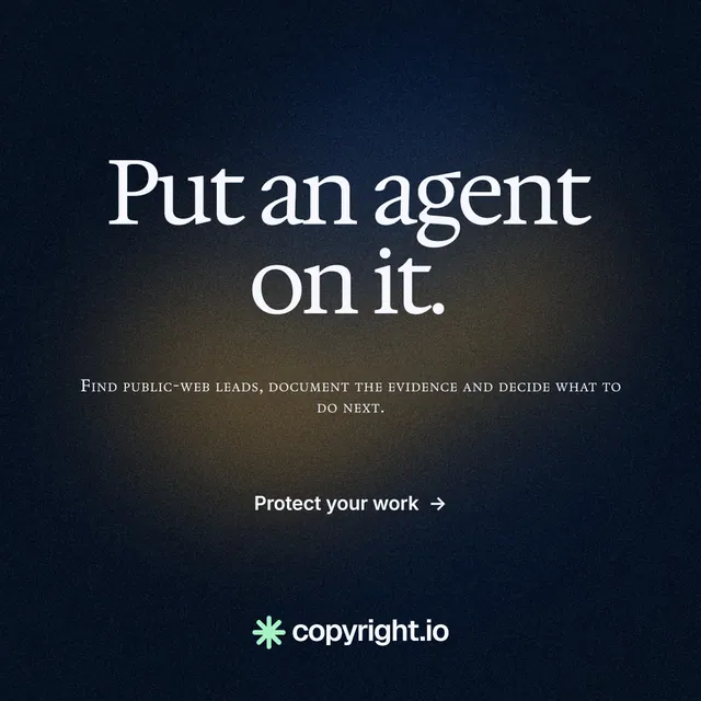 Instagram post for copyright.io: "Put an agent on it." Swiss style, smallcaps layout, dark palette in blue, black, grey.