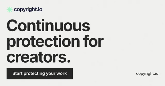 Social ad for copyright.io: "Continuous protection for creators." Swiss style, poster layout, light palette in white, grey.