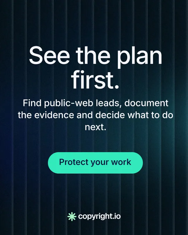 Instagram portrait post for copyright.io: "See the plan first." Agentic glass style, skeleton layout, dark palette in black, blue, teal.