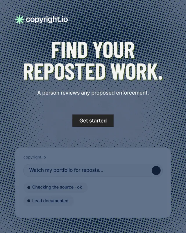 Instagram portrait post for copyright.io: "Find your reposted work." Retro print style, centred layout, dark palette in blue, grey.