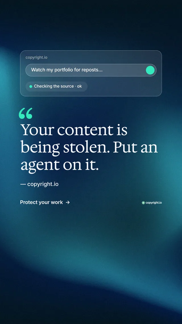 Instagram story for copyright.io: "Continuous protection for creators." Minimal luxury style, quote layout, dark palette in black, blue.