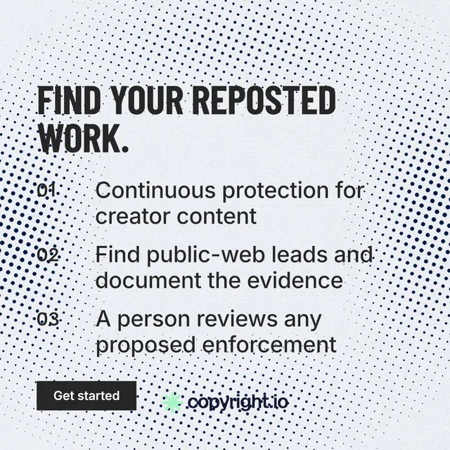 Instagram post for copyright.io: "Find your reposted work." Retro print style, numbered layout, light palette in white, blue, grey.
