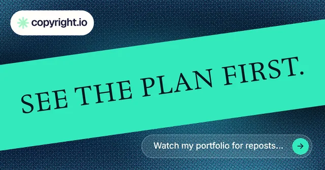 Social ad for copyright.io: "See the plan first." Agentic glass style, diagonal layout, light palette in teal, blue.