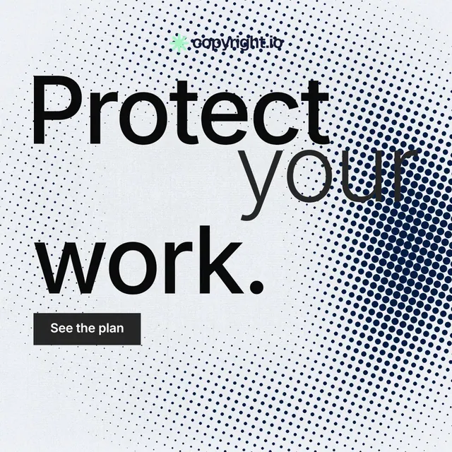 Instagram post for copyright.io: "Protect your work." Swiss style, stacked layout, light palette in white, blue, grey.