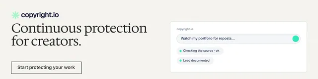 LinkedIn banner for copyright.io: "Continuous protection for creators." Editorial style, bottom layout, light palette in white, grey.