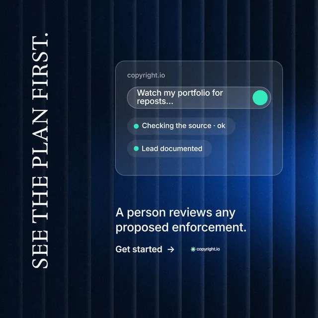 Instagram post for copyright.io: "See the plan first." Minimal luxury style, vertical layout, dark palette in black, blue.