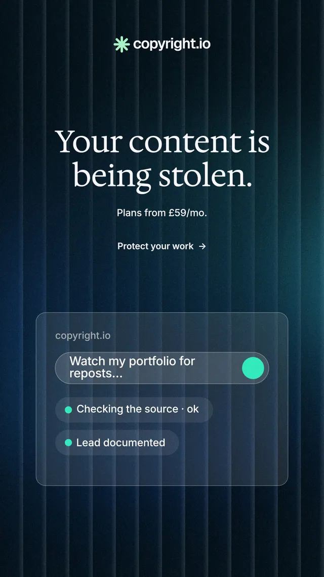 Instagram story for copyright.io: "Your content is being stolen." Minimal luxury style, centred layout, dark palette in black, blue.