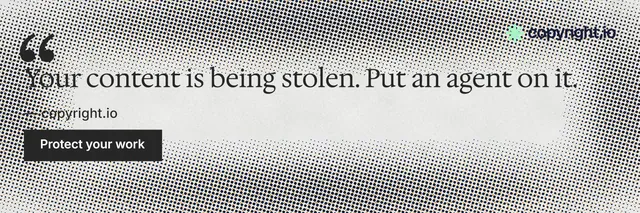 X header for copyright.io: "Reposts don't remove themselves." Retro print style, quote layout, light palette in grey, white.