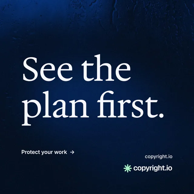 Instagram post for copyright.io: "See the plan first." Minimal luxury style, poster layout, dark palette in black, blue.