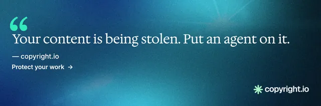 X header for copyright.io: "Find your reposted work." Minimal luxury style, quote layout, dark palette in blue, teal.