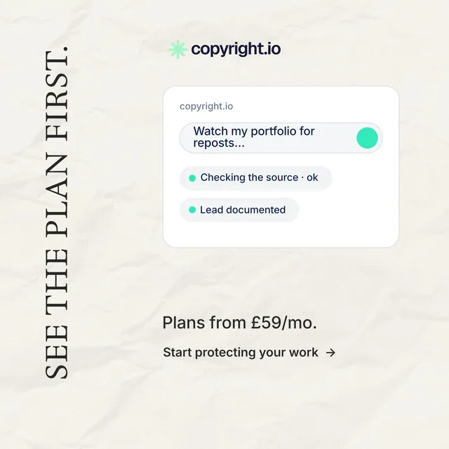 Instagram post for copyright.io: "See the plan first." Minimal luxury style, vertical layout, light palette in white.