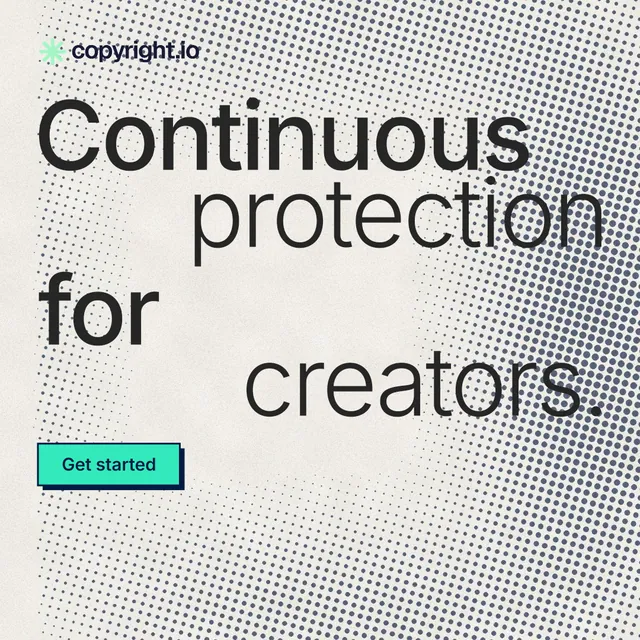 Instagram post for copyright.io: "Continuous protection for creators." Brutalist style, stacked layout, light palette in grey, white, orange.