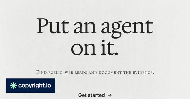 Social ad for copyright.io: "Put an agent on it." Swiss style, smallcaps layout, light palette in white, grey.