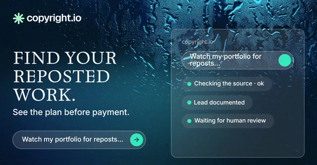 Social ad for copyright.io: "Find your reposted work." Agentic glass style, bottom layout, dark palette in blue, black.