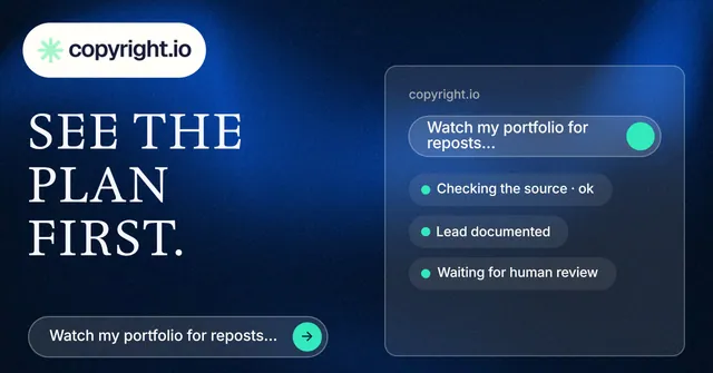 Social ad for copyright.io: "See the plan first." Agentic glass style, bottom layout, dark palette in black, blue.