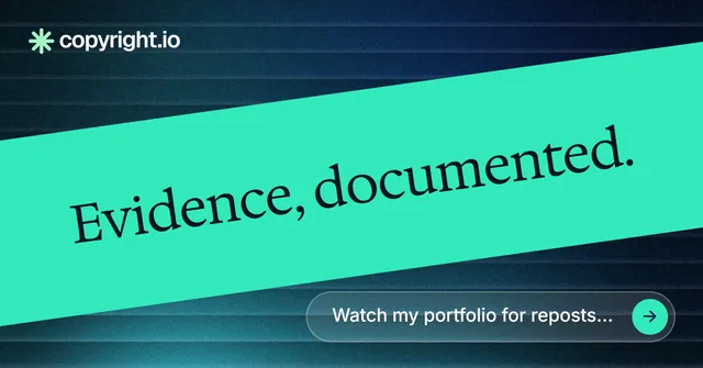 Social ad for copyright.io: "Evidence, documented." Agentic glass style, diagonal layout, light palette in teal, blue.