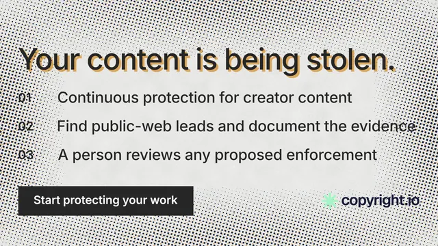 Landscape graphic for copyright.io: "Your content is being stolen." Swiss style, numbered layout, light palette in grey, white.