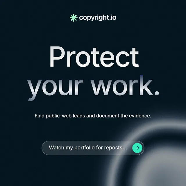 Instagram post for copyright.io: "Protect your work." Agentic glass style, centred layout, dark palette in black, grey.