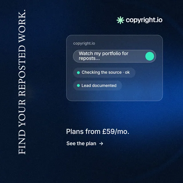 Instagram post for copyright.io: "Find your reposted work." Minimal luxury style, vertical layout, dark palette in blue, black.