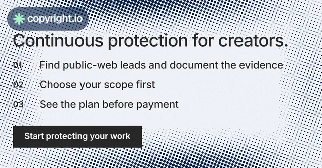 Social ad for copyright.io: "Continuous protection for creators." Swiss style, numbered layout, light palette in blue, grey, white.