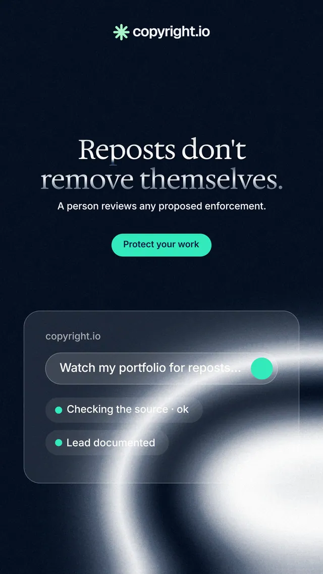 Instagram story for copyright.io: "Reposts don't remove themselves." Y2K style, centred layout, dark palette in black, blue, grey.