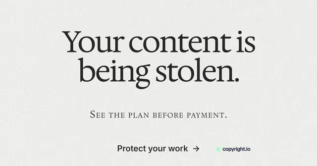 Social ad for copyright.io: "Your content is being stolen." Swiss style, smallcaps layout, light palette in white.