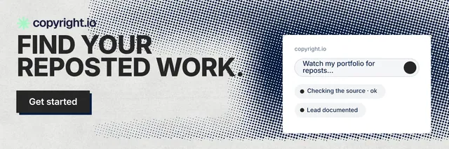 X header for copyright.io: "Find your reposted work." Brutalist style, skeleton layout, light palette in white, grey.
