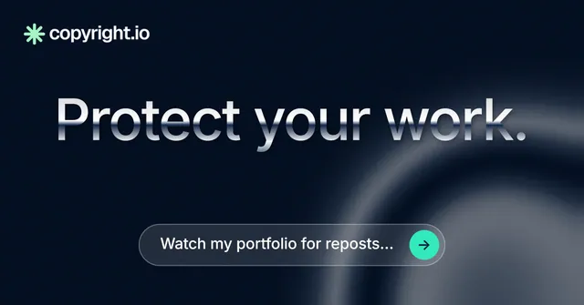 Social ad for copyright.io: "Protect your work." Agentic glass style, centred layout, dark palette in black, grey.