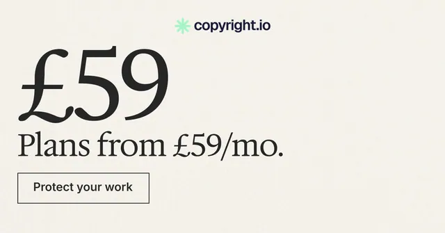 Social ad for copyright.io: "Reposts don't remove themselves." Editorial style, stat layout, light palette in white, grey.