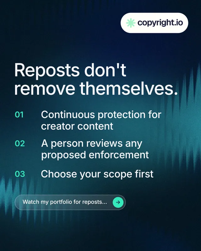 Instagram portrait post for copyright.io: "Reposts don't remove themselves." Agentic glass style, numbered layout, dark palette in blue, black, teal.