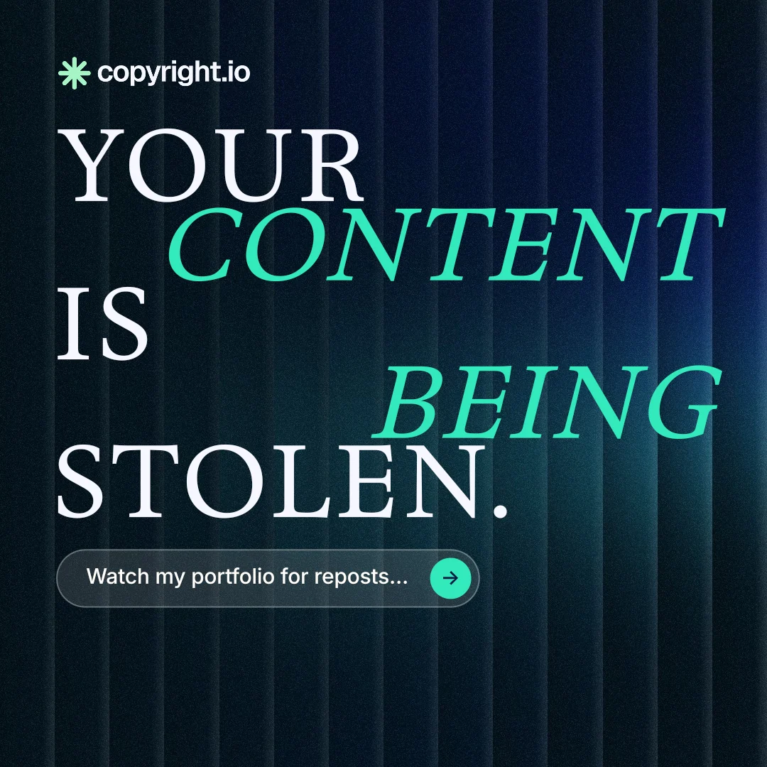 Instagram post for copyright.io: "Your content is being stolen." Agentic glass style, stacked layout, dark palette in blue, black, teal.