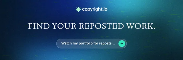 X header for copyright.io: "Find your reposted work." Agentic glass style, centred layout, dark palette in blue, teal.