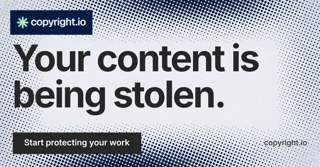 Social ad for copyright.io: "Your content is being stolen." Swiss style, poster layout, light palette in white, grey.