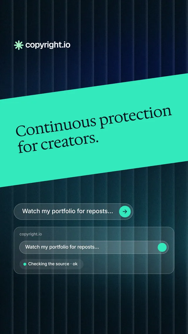 Instagram story for copyright.io: "Continuous protection for creators." Agentic glass style, diagonal layout, dark palette in teal, black, blue.