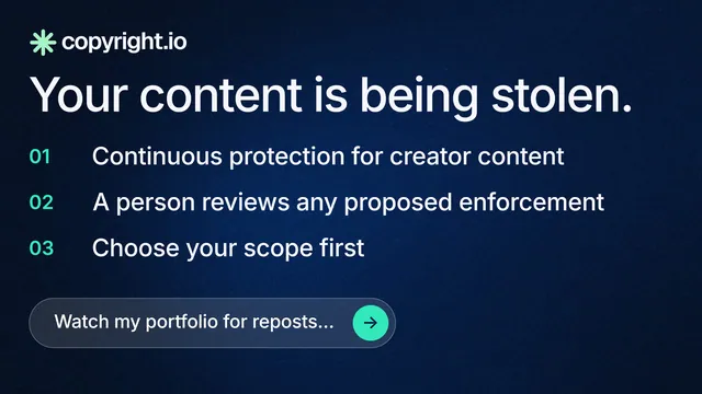 Landscape graphic for copyright.io: "Your content is being stolen." Agentic glass style, numbered layout, dark palette in blue, black.
