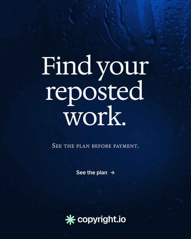 Instagram portrait post for copyright.io: "Find your reposted work." Agentic glass style, smallcaps layout, dark palette in blue, black.