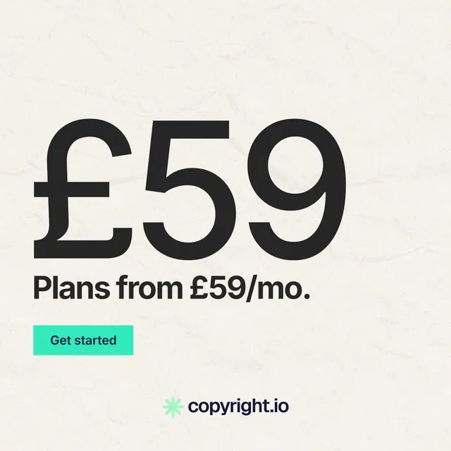 Instagram post for copyright.io: "Continuous protection for creators." Swiss style, stat layout, light palette in white, grey.