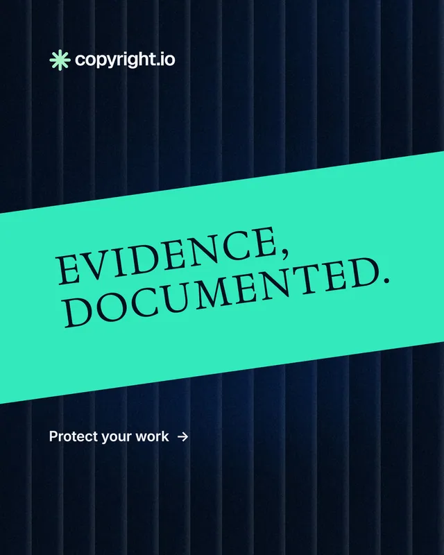 Instagram portrait post for copyright.io: "Evidence, documented." Minimal luxury style, diagonal layout, dark palette in black, teal.