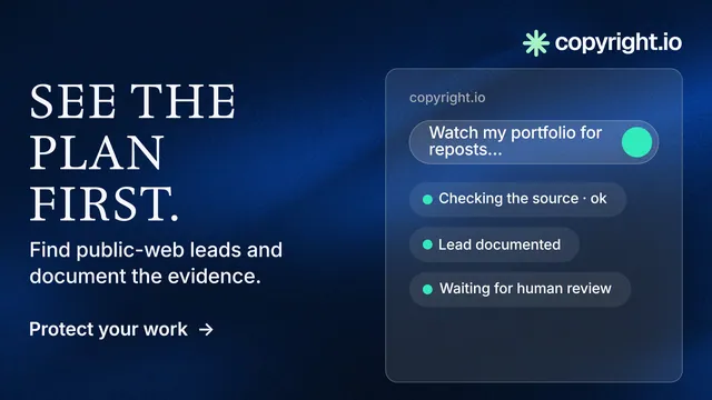 Landscape graphic for copyright.io: "See the plan first." Minimal luxury style, bottom layout, dark palette in blue, black.